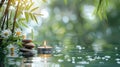 Tranquil Spa Still Life with Candle, Stone, Bamboo in Nature on Water Royalty Free Stock Photo