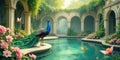 Serene peacock in a lush courtyard oasis with tranquil pool and delicate flowers. Generative AI Royalty Free Stock Photo