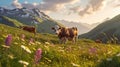 Alpine Serenity: Cows Grazing on Wildflower Meadow with Snow-Capped Peaks. Generative AI Royalty Free Stock Photo