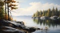 Realistic Painting Of A Serene Lake With Trees And Rocks