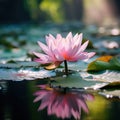 A Serene Photograph of a Pond Adorned with a Beautiful Lotus Flower