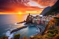 A serene and picturesque sunset scene showcases a charming village nestled on the coastline, Vernazza village and stunning sunrise