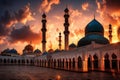 A serene and picturesque view of a masjid courtyard at dawn