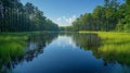Serene Pine Forest Lake Reflection, Sunny Day Royalty Free Stock Photo