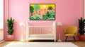 Serene Pink Room With Teddy Bear And Green Tree Wall Art