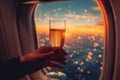 Serene plane window view turquoise sky, deep blue hues, and elegant champagne glass in soft light