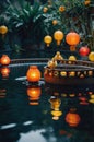 Charming Ducklings and Floating Lanterns in a Serene Garden Pond Royalty Free Stock Photo