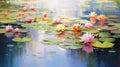 A serene pond with colorful water lilies and their reflections