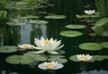 A serene pond covered in lily pads, their delicate white blooms adding a touch of elegance to the scene.