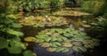 Serene Pond with Lush Lily Pads and Frogs Jumping