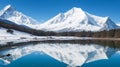 A serene pond reflecting a snow-capped mountain and a clear blue sky