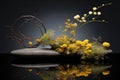 serene pond reflection of a beautiful ikebana display