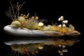 serene pond reflection of a beautiful ikebana display