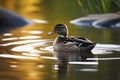 Serene Reflections Tranquil Pond with Lone Duck Gliding on Glassy Waters