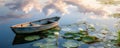 Serene pond at sunset with a rustic boat and blooming lily pads reflecting light clouds Royalty Free Stock Photo