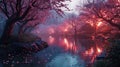A serene pond surrounded by neonlit cherry blossom trees creating a magical and tranquil atmosphere Royalty Free Stock Photo