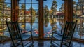 Serene Pond View Two Rocking Chairs Beside Panoramic Windows, Overlooking Colorful Koi Fish Royalty Free Stock Photo