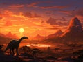 A serene prehistoric sunset, majestic dinosaurs on the plain. Clear silhouettes against the colorful sky