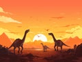 A serene prehistoric sunset, majestic dinosaurs on the plain. Clear silhouettes against the colorful sky