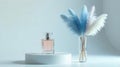 A serene presentation of a delicate perfume bottle displayed on a minimalist platform, elegantly complemented by a vase of soft, Royalty Free Stock Photo