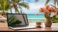 Serene Productivity: Rose Gold Laptop on White Desk with Tropical Beach Screensaver Royalty Free Stock Photo