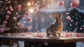 Adorable Bunny in Winter Wonderland with Falling Rose Petals Royalty Free Stock Photo