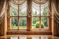 Serene rainy day view through ornate window with beaded curtains. Generative AI Royalty Free Stock Photo
