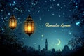 Ramadan Kareem: Illuminated night lanterns glowing under a starlit sky AI Generated Image Royalty Free Stock Photo