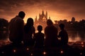 Serene Ramadan. Glowing Crescent Moon, Starry Mosque, and Family Iftar Gathering