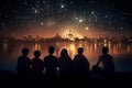 Serene Ramadan Iftar. Glowing Crescent Moon and Mosque Silhouette Amidst Starry Sky