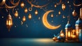 Ramadan Kareem background with golden lanterns and a crescent moon. Generative Ai.