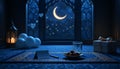 Serene Ramadan Night Interior with Prayer Mat, Dates, Lantern, Gift Royalty Free Stock Photo