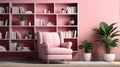 Serene Reading Nook: Calm Pink Modern Library with Relaxing Armchair and Bookshelves Royalty Free Stock Photo