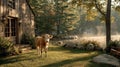 Serene Red Devon Cow Grazing by Rustic Barn in Tranquil Countryside During Beautiful Morning Light Royalty Free Stock Photo