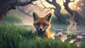 Red Fox in Misty Sunrise by the Water Lilies Royalty Free Stock Photo