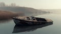 Serene Reflection of an Old Boat in Misty Waters and Hills ai generated Royalty Free Stock Photo