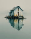 Serene Reflection of a Rustic House on Tranquil Water Surface Royalty Free Stock Photo