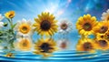Serene reflection sunflowers and daisies floating on tranquil water under a bright sky. Generative AI Royalty Free Stock Photo