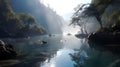 Serene Reflections, Captivating Nature Landscape with Foggy Forest river, Harmonious Sky, and calm Crystal Clear Water Royalty Free Stock Photo