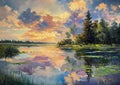 Serene Reflections: A Majestic Acrylic Painting of a Summer Suns