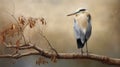 Serene Reflections: Realistic Landscape Painting Of A Blue Heron On A Tree Branch