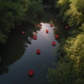 Serene Reflections of Red Lanterns on a Lush Green Pond
