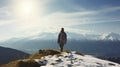 Serene Retreat in the Highlands - A Person standing on the top of a mountain looking at sun rising. Generative AI