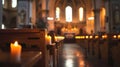 A serene and reverent sanctuary adorned with simple but elegant wooden pews arranged in neat rows. The quiet stillness