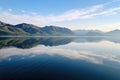 a serene, ripple-free surface of a lake mirroring mountains