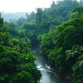 A serene river cutting through a dense, green jungle teeming with life