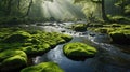 Emerald Serenity: Moss-Covered Rocks in a Gentle River Under Sunlit Canopy Royalty Free Stock Photo