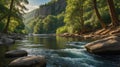 Tranquil River Flowing Through Lush Green Forest with Rocks and Cliffs on Sunny Day Royalty Free Stock Photo
