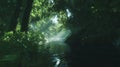 Serene river flowing through sunlit dense forest landscape Royalty Free Stock Photo