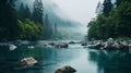 Serene River In A Foggy Forest: Capturing Nature\'s Tranquility